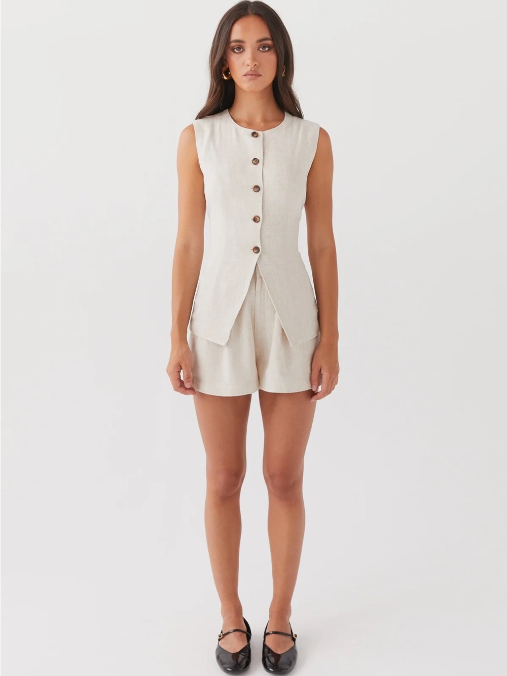 Peppermayo Cream Sleeveless Button-Front Shorts Set
